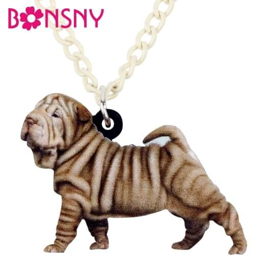 Bonsny Acrylic Walking Chinese Shar Pei Dog Necklace Pendant Chain Choker Novelty Animal Jewelry For Women Girls Gift Wholesale