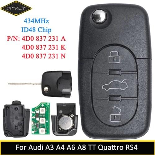 DIYKEY for Audi A3 A4 A6 A8 S6 TT Quattro 434MHz ID48 P/N: 4D0 837 231 A / K / N Flip 3 Button Remote Car Key Fob