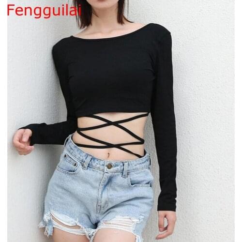 T-Shirt 2020 Autumn Winter Bandage Tee Black Cotton Long Sleeve Crop Top Women Hollow Backless Harajuku O-Neck Tops Shirt Femme