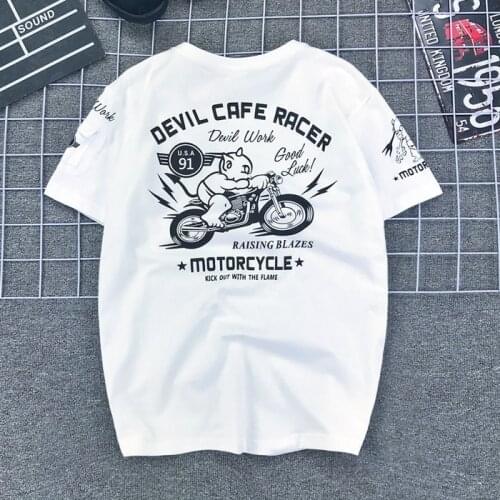 Japan Devil Print Motorcycle T Shirt Mens Summer Short Sleeve Cotton Tops Tees Hip Hop Loose T-Shirt