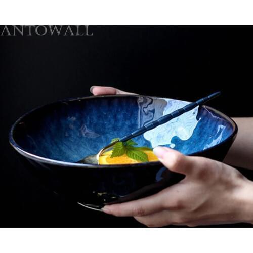 ANTOWALL Kiln Glaze Tableware Bowl Dim Blue Ceramic Soup Ramen Bowl Western Food Fruit Salad Bowl