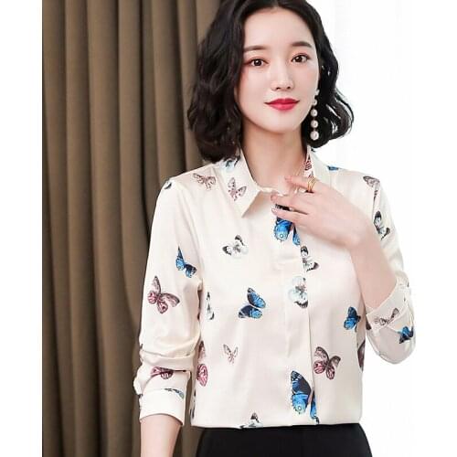 Korean silk shirt ladies long-sleeved shirt ladies printed satin shirt top