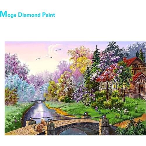 Forest House Stone Bridge Scenery Diamond Painting Scenic Round Full Drill Nouveaute DIY Mosaic Embroidery 5D Cross Stitch