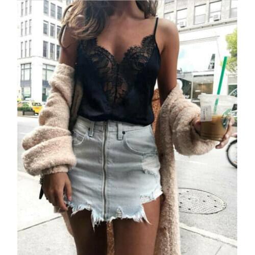New Sexy Women Black Lace Patchwork V-Neck Sleeveless Vest Top Tank Casual Blouse Loose Shirts
