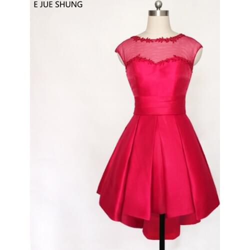 E JUE SHUNG Burgundy Hi low Prom Dresses 2018 Cap Sleeves Front Short Long Back Cocktail Party Dresses