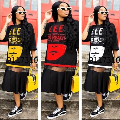 Hip Hop T-shirt Dress Women Harajuku 3D Print Rock Long Tee New Half Sleeve Loose Tops Dance Colour Block Streetwear