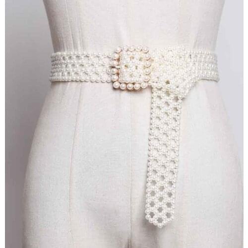 SeeBeautiful New Fashion 2020 Summer Autumn Man-made White Pearl Woven Hollow Long Wide Belt Square Pin Buckle Girdle Women A063