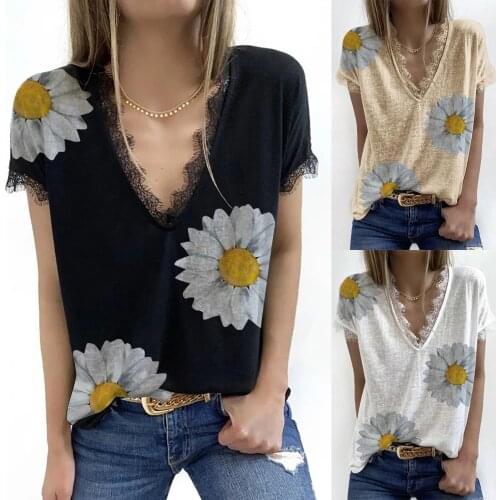 SAGACE Chrysanthemum print lace splicing short sleeve top loose womens wear new womens wear in 2021 summer футболка женский