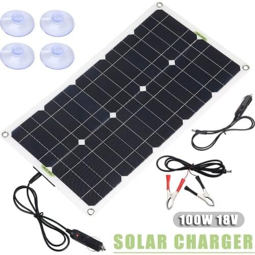 Solar Panel Cell Phone USB + DC Battery Charger + Alligator Clip + Suction Cups For Car Boat Charging Kits 18V 100W