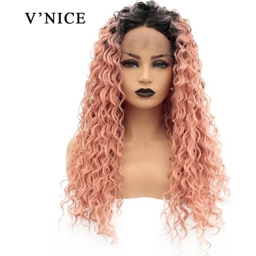 V'NICE Ombre Rose Pink Synthetic Lace Front Wig for Women Heat Resistant 180% Density Curly Wigs 3*13 Swiss Lace Frontal Hair