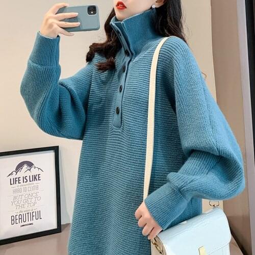 Turtleneck Knitted Women Sweater And Pullovers Button Solid Lantern Sleeved Loose Casual All Match Female Pulls Outwear Tops