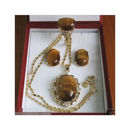 Jewelry Tiger Eye Natural stone Ring Earrings Pendant Set