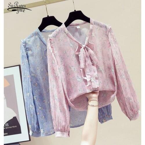 Womens Long Sleeve 2020 New Korean Style Sweet V-neck Shirt Elegant Ruffled Lace-up Chiffon Shirt Floral Blouse Blusas 11146