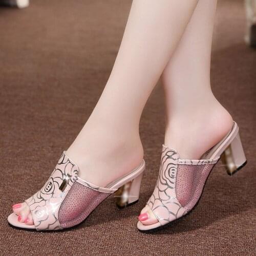 2020 Summer Fashion Slip On Mesh High Heel Slippers Mules Shoes Women Sexy Open Toe Black Pink Slides Outdoor Plus Size 35-43