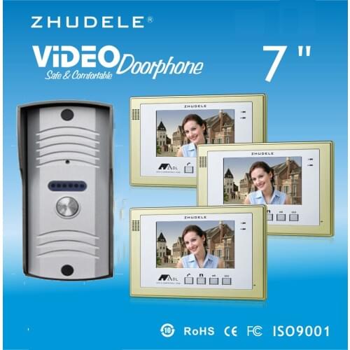 ZHUDELE Intercom System Doorbell 7" Color TFT LCD Monitor Video Door phone W/t 1 Waterproof Doorbell 700TVL Smart Camera 1V3