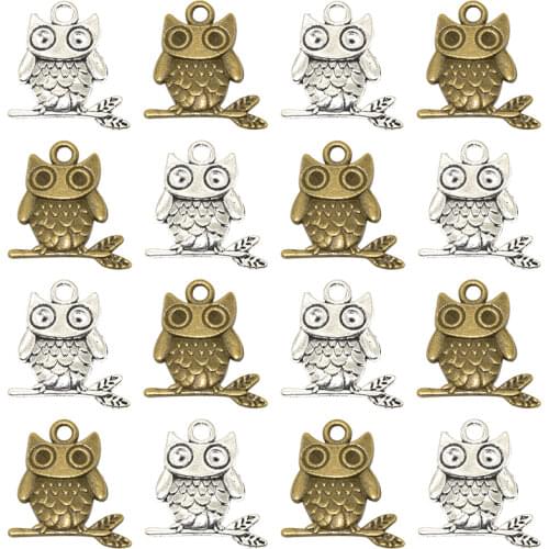 14pcs Wholesale Two Color Owl Charms Zinc Alloy Metal Bird Animals Pendants For DIY Handmade Jewelry Accessories Making 25*22mm