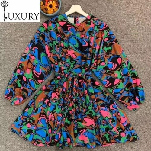 2020 Long Autumn Sleeve Designer Fashion Women Abstract Print String Belt Patchwork Big Swing Sexy Club Dress Above Knee