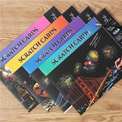 4PCS A4 Sizs Nightscape Scratch Cards Painting Black Coated Art USA City Fireworks European Night Scene Draw Paper Gift Kids DIY