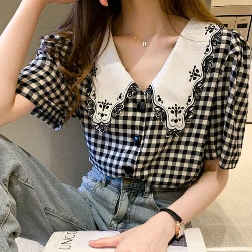Vintage embroidery cute lapel blouses women japanese style plaid tops summer short sleeve white shirts button up chemise femme