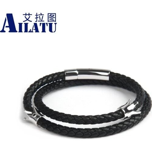 Ailatu New Double Crown Bracelet Double Layer Black Genuine Leather Jewelry for Unisex Stainless Steel Accessories Birthday Gift