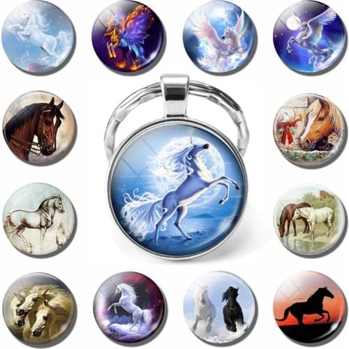 White Horse Animal Keychain Nature Animal Picture Plated Heart Pendant Glass Cabochon Jewelry Key Chain Christmas Gift