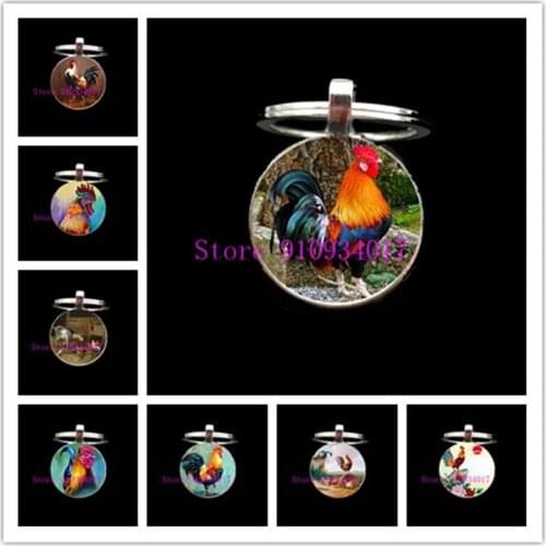 Floral Chicken Rooster Glass Cabochon Keychain Cute Chicken Glass Key Ring Lovely Animal Cock Purse Bag Key Holder for Women