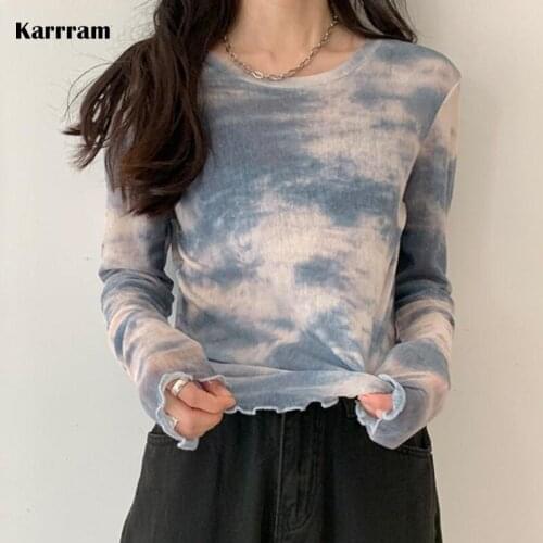 Karrram Harajuku Tie Dye Mesh Tops Long Sleeve Korean Style Folds Design T-shirts Women O-neck Tshirt Spring Summer Streetwear