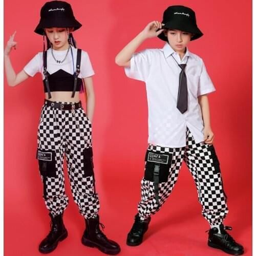Girls Jazz Dance Performance Costumes Kids Hip Hop Clothes JK Short Sleeve White Shirt Plaid Pants For Boys Stage Outfits BL5850
