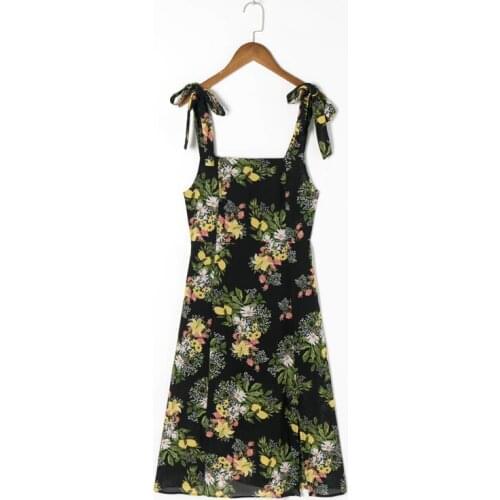 Summer Womens Casual Flower Printed Bowknot Decorated Slim Slim Strap Dress