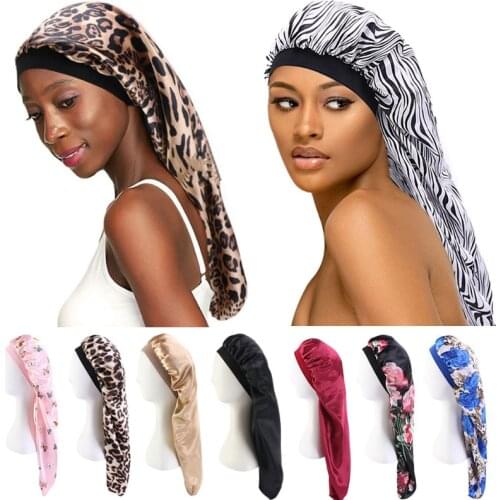 Fashion Women Sleep Hair Turban Cap Long Satin Printed Flower Elastic Bonnet Cylindrical Chemo Cancer Hat Muslim India Headwear