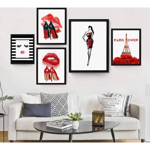 Fashion Canvas Wall Art Red Lips Picture Paris Tower Prints and Posters for Bedroom Girl Home Decoration Frameless