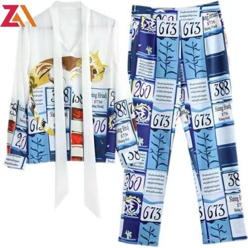 ZALady fashion chic office work OL two piece set suit clothes vintage printed long sleeve shirt tops and casual pants femme