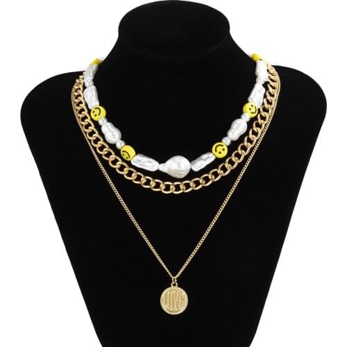 New Vintage Gold Chains Portrait Pendant Necklace Baroque Pearls Smile Face Charms Choker Punk Necklace Jewelry For Women