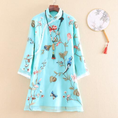 New style autumn Women coat Chinese style stand collar embroidery flower Loose waist three quarter sleeve coat plus size S-2XL
