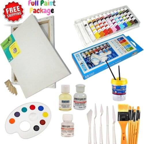 Full Painter Set 12 Colors Acrylic Fabric 2 Pcs Canvas Brush Set Paletta Spatula Linseed Oil Turpentine Varnish Art Supplies DIY