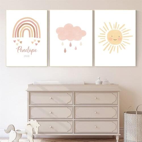 Custom Name Date Rainbow Poster Sun Cloud Art Print Heart Wall Art Canvas Painting Baby Nursery Pictures Nordic Girls Room Decor