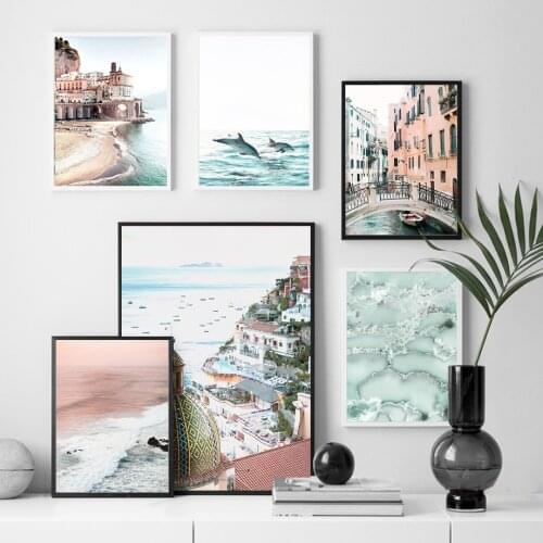 Positano Seaside Building Dolphin Boat Wall Art Canvas Painting Nordic Posters And Prints Wall Pictures For Living Room Decor
