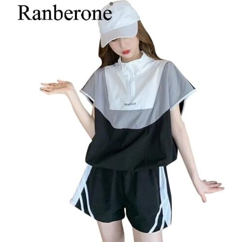 Ranberone Casual Fashion Running Sports Suit Women Summer Tracksuit Short Sleeve Casual Elastic Waist Lady Two Piece Set 2021