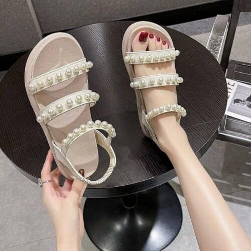 Sandals Fairy Style Flat Bottom Pearl Rhinestone Tendy Mori Girl Sweet Buckle Roman Shoes
