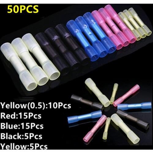 50Pcs Heat Shrink Crimp Terminal Connector Waterproof Seal Splice Insulated Butt Connectors Automobile Wire Cable Terminals
