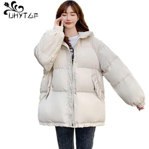UHYTGF Woman Jacket Winter Jacket Women Down Jacket Oversize Tops With Hood Short Coats Plus Size Cotton Coat Warm Outerwear 903