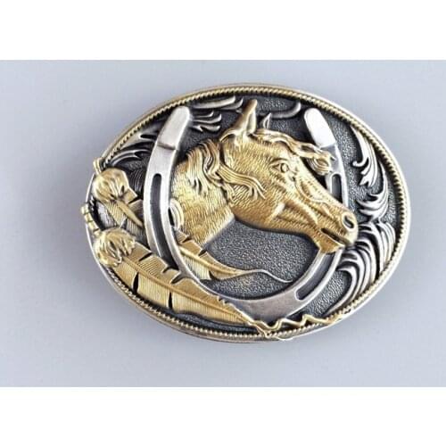Vintage Two-Tone Silver Gold Plated Horse HorseShoe Oval Belt Buckle Gurtelschnalle Boucle BUCKLE-WT058ASG Free Shipping
