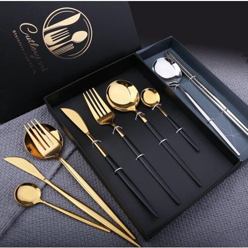 Bright Stainless Steel Steaks, Forks, Spoons, Chopsticks Set, Portuguese Western Tableware, 3-4 Pieces, Color Box