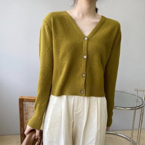 Spring and autumn womens casual solid color V-neck long-sleeved cardigan sweater