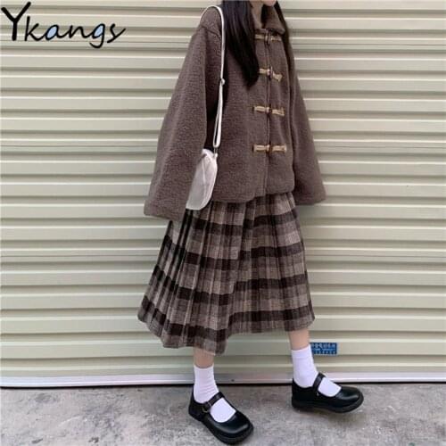 Woman Winter Japanese 2pcs set Faux Fur Teddy Coat+Wool Plaid pleated skirt autumn Harajuku Korean cute Loose Jacket ropa mujer