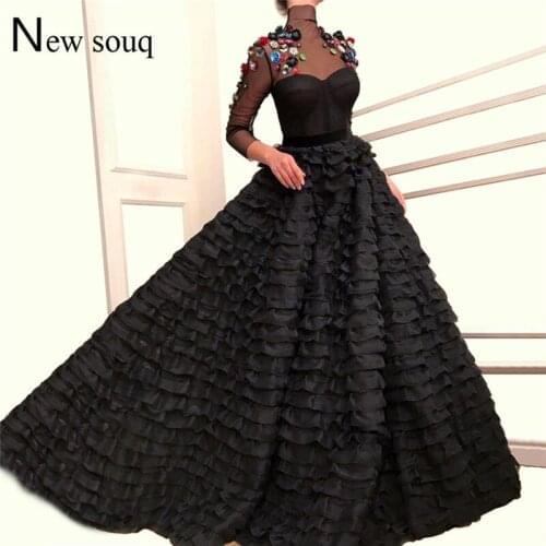 Black Illusion Tulle Prom Dresses 2019 Sexy Evening Dress Robe De Soiree Long Sleeves Beaded Crystals Wedding Party Gown Vestido