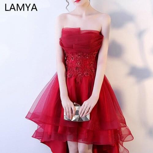 LAMYA Robe De Soiree Lace Appliques Short Front Evening Dress 2019 Customized Sleeveless Banquet Sexy Prom Dress Party Gown