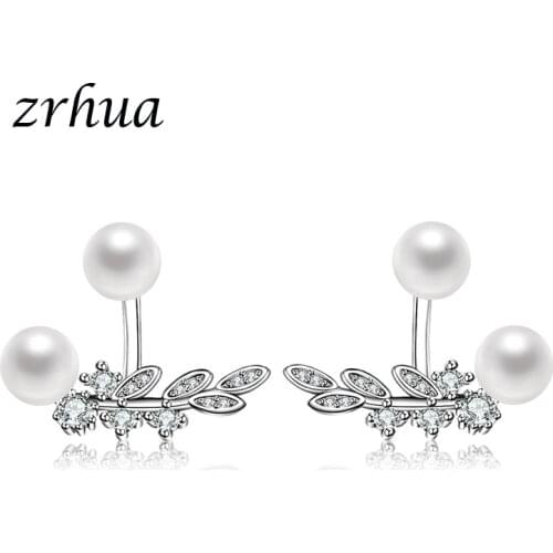 ZRHUA New Stylish 925 Silver Stud Earrings Vintage Retro Pearl Shape Trendy Leaf Brincos for Women Lovers Valentine Days Gifts