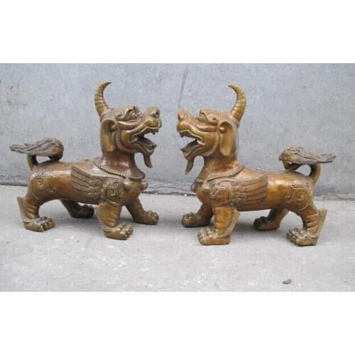 Bi002064 China Classical Bronze exorcise evil spirits Fu Foo Dog Lion beast kylin Pair
