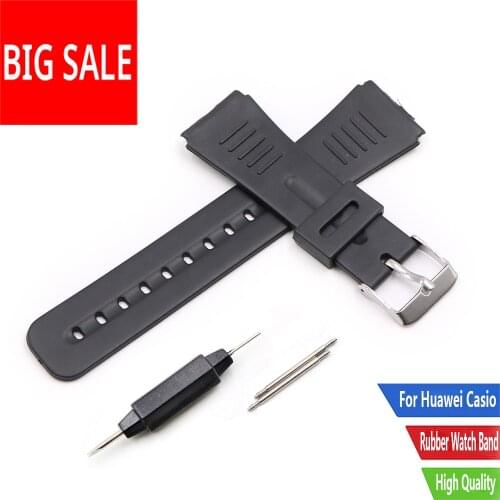 CARLYWET 22mm Black Watch Band Silicone Rubber Silver Polished Spring Bar Buckle Black Replacement Straight End For Casio Huawei